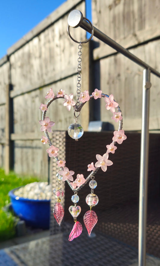 Pink Flower Heart Suncatcher